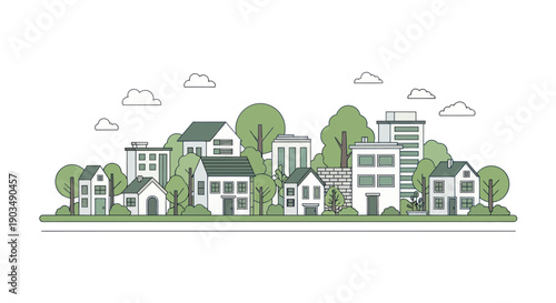 Flat Cityscape Illustration: Houses, Trees, and Buildings with Greenery