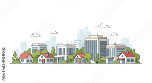 Modern Cityscape and Suburban Homes Illustration with Trees and Clouds