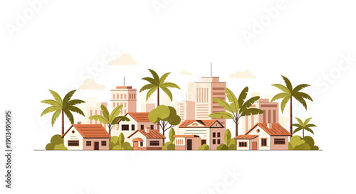 Tropical Cityscape with Palm Trees and Houses - Flat Illustration