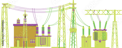Electric power substation illustration, high voltage transmission lines, transformers and pylons, energy distribution infrastructure, industrial electricity system, isolated white background