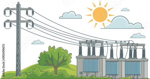 electric power substation landscape illustration, transmission tower and transformers, outdoor electricity distribution network, sunny sky energy infrastructure design