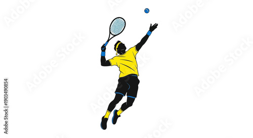 Professional tennis player in mid serve with racket and ball