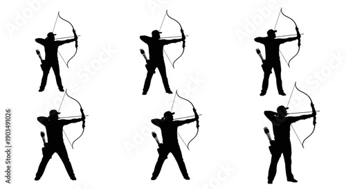 Archers in various shooting poses with bows and arrows