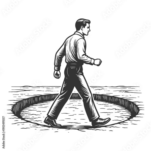 man walking endlessly in a deep circular path, symbolizing repetitive habits and routine cycles sketch engraving generative ai fictional character vector illustration. Scratch board. Black and white.