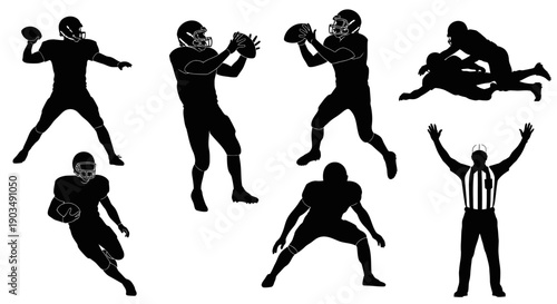 American football players and referee in action poses