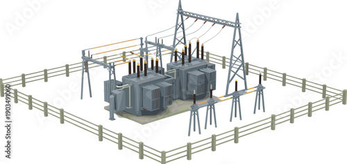 Electrical power substation with dual transformers and switchgear isolated on white background, high voltage energy distribution infrastructure illustration
