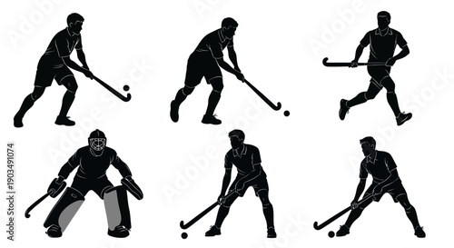 Field hockey players in action silhouettes