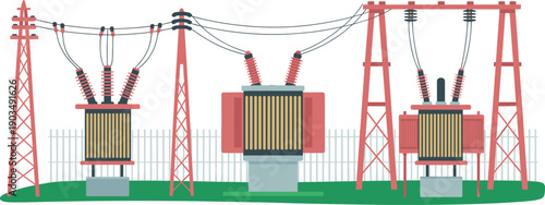 electrical transformer substation illustration, high voltage power transmission towers, industrial electricity distribution network, utility energy infrastructure engineering design
