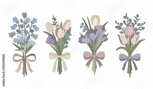 Preppy spring floral bouquet vector clip art with ribbon bows isolated on white