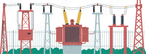 electrical transformer substation vector illustration, high voltage power grid transmission equipment, industrial electricity infrastructure engineering technology design system