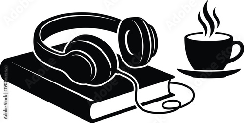 Audio Book Concept Silhouette | Headphones, Coffee Cup and Vintage Book Vector