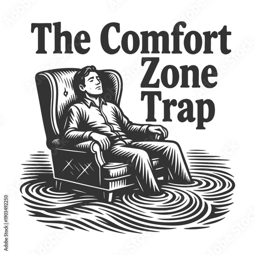 relaxed man in an armchair slowly sinking, symbolizing stagnation within the comfort zone sketch engraving generative ai fictional character vector illustration. Scratch board. Black and white image.