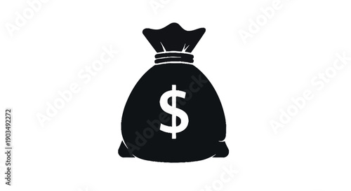 Simple stylized black icon representing a bulging money bag tied at the top featuring a bold white dollar sign symbol in the center.