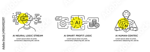 Set of illustrations concept with businessmen. technology, partnership, artificial intelligence business robot, cybes. linear illustration Icons infographics. Landing page site print poster. Line