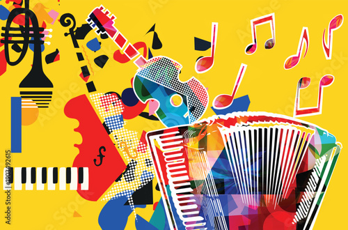 Colorful Music Collage with Accordion, Violin and Guitar, Abstract Musical Background with Piano Keys and Notes on Yellow