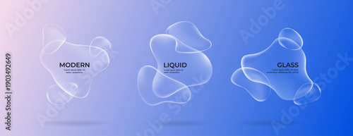 Vector illustration. Abstract set of liquid glass shapes with realistic transparency and glossy highlights. Modern organic fluid forms on a blue gradient background. Design for web banner advertising