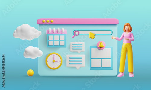 A 3D workspace with a female character, interface, calendar, clock, notifications, and search.