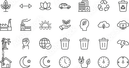 Sustainability and environment line icons set with renewable energy recycling nature eco lifestyle symbols for web ui design