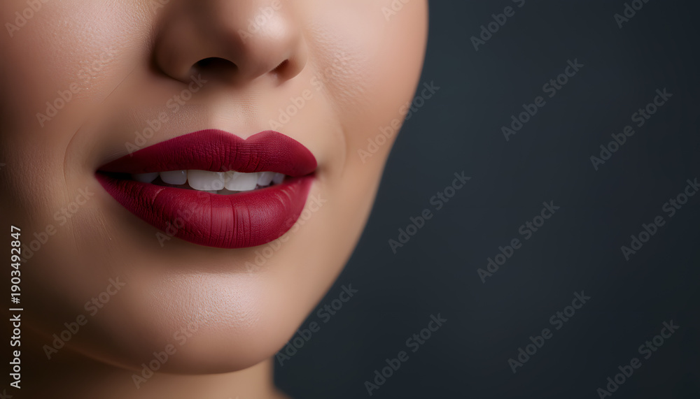 Obraz premium Luxurious Deep Red Lipstick Adornment on Woman's Lips, Exuding Confidence, Style, and Beauty for Glamorous Marketing Campaigns