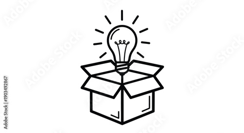 Black and white line art icon illustrating a glowing lightbulb emerging from the open flaps of a simple cardboard shipping box symbolizing innovation and creativity.