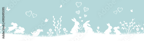 Hearts Easter seamless pattern with bunny silhouette vector border and love willow on light blue background