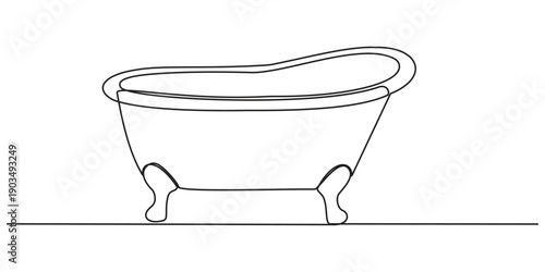 Continuous one line drawing of a classic clawfoot bathtub isolated on a plain white background area