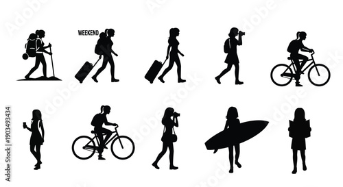 Travelers and commuters in various actions walking cycling and carrying luggage surfboard and backpack in black silhouettes on white background