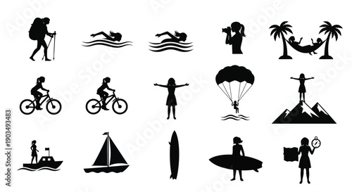 Collection of black silhouette icons depicting various outdoor activities and travel scenes on a white background including hiking swimming and water sports