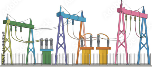 Colorful electrical power substation illustration isolated on white background, high voltage transmission structures, transformers, energy distribution infrastructure design