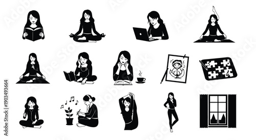 Black silhouette icons of women engaging in various leisure activities at home with laptop book puzzle and plant