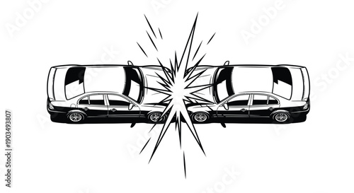 Striking black and white graphic illustration depicting two sedan vehicles colliding head-on with an impact starburst effect.