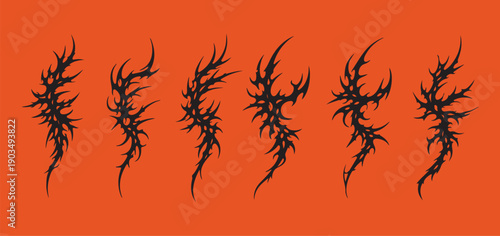 Adobe Illustrator ArtworkSet of Cyber Sigilism Tattoo Elements. Gothic Abstract Sharp Vector Shapes for Streetwear Design and Y2K Neo-Tribal Aesthetic. Black Edgy Graphic Assets Isolated.