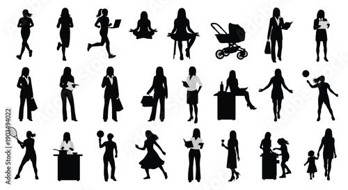 Collection of black silhouettes of women in various poses and activities on a white background showcasing diverse lifestyles and occupations