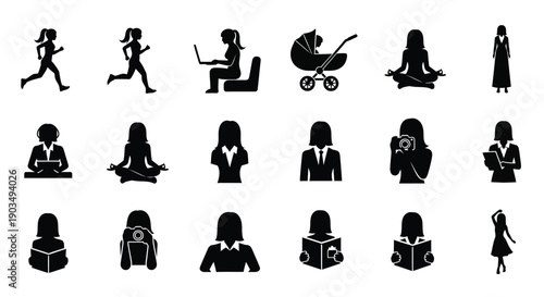 Black silhouettes of women in various activities and professions on white background for design and branding