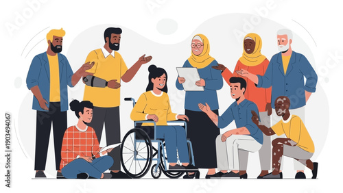 Diverse group of people with disabilities interacting and communicating