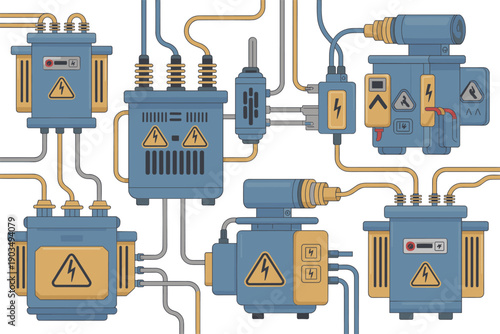 electrical equipment illustration set, power control boxes and transformers, industrial energy devices, wiring system, electricity infrastructure, isolated white background