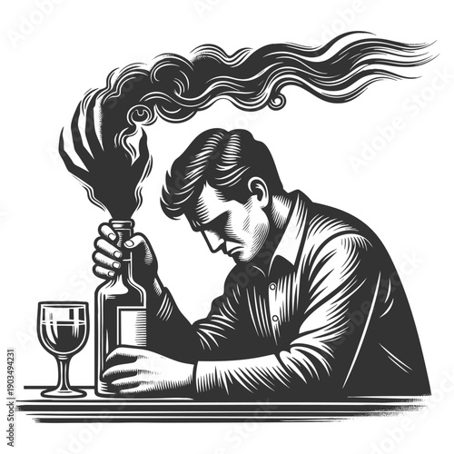 man at a table, his hand seized by a smoky claw rising from a whiskey bottle, symbolizing addiction sketch engraving generative ai vector illustration. Scratch board imitation. Black and white image.