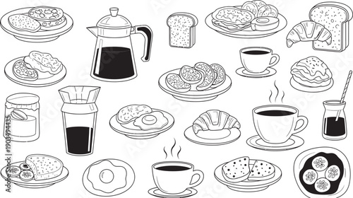 Black and white illustration of various breakfast foods and beverages isolated on transparent background