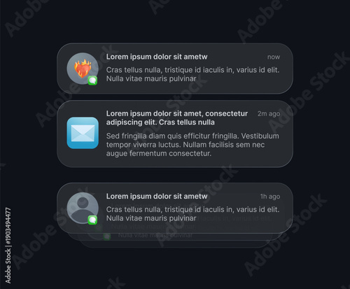 Push notifications, messages, vector illustration modern glass theme template mockup. Online chat glassmorphism. Message