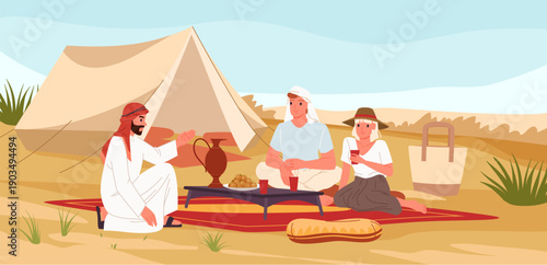 Group of people enjoying picnic in desert setting with traditional tent, sharing food and drinks on carpet, surrounded by sand and grass, vector illustration