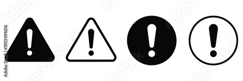 Hazard Symbol icons, vector illustration of exclamation mark in different shapes, black and white stroke style, representing caution, danger, and warning concepts, isolated on white background, ideal 