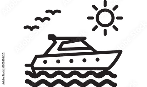 Boat cruise icon with sun, flying birds and ocean waves, simple black outline pictogram for travel, marine transport, holiday tourism apps and web UI design