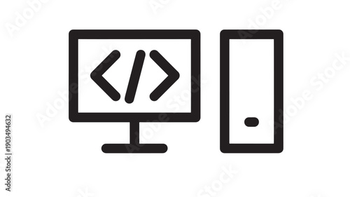 Computer programming icon with desktop monitor showing code brackets and tower PC, minimal black glyph symbol for software development, coding, IT services and technology