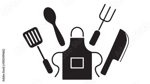 Apron kitchen tools icon set with spatula spoon carving fork and chef knife silhouettes, minimalist black pictograms for cooking class, BBQ, restaurant menu, and food prep
