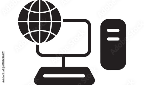 Computer desktop icon with monitor, tower and globe symbol showing internet connection, web access and network technology in bold black silhouette featuring pc, workstation, screen with system unit