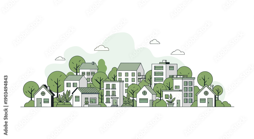 Fototapeta premium Modern Eco-Friendly Neighborhood Illustration with Green Trees and Houses