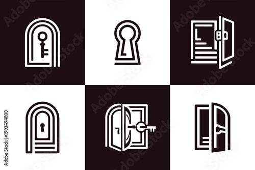 Icon Set Vector of 6 Door Key Keyhole Security Access Symbols
