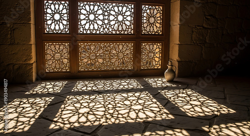Wallpaper Mural Intricate geometric patterns cast by sunlight through ornate window in ancient room Torontodigital.ca