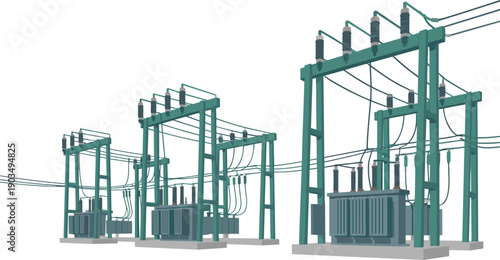 electrical transformer substation illustration, high voltage power distribution network, industrial electricity infrastructure, utility engineering technology design, isolated white background