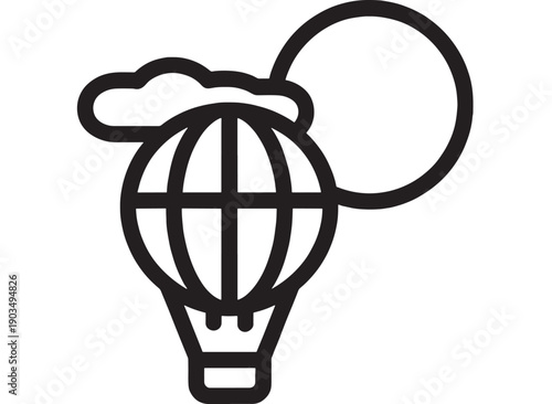 Hot air balloon outline icon with cloud and sun, minimalist black line vector symbol for travel, adventure, tourism, weather, and summer trip design isolated